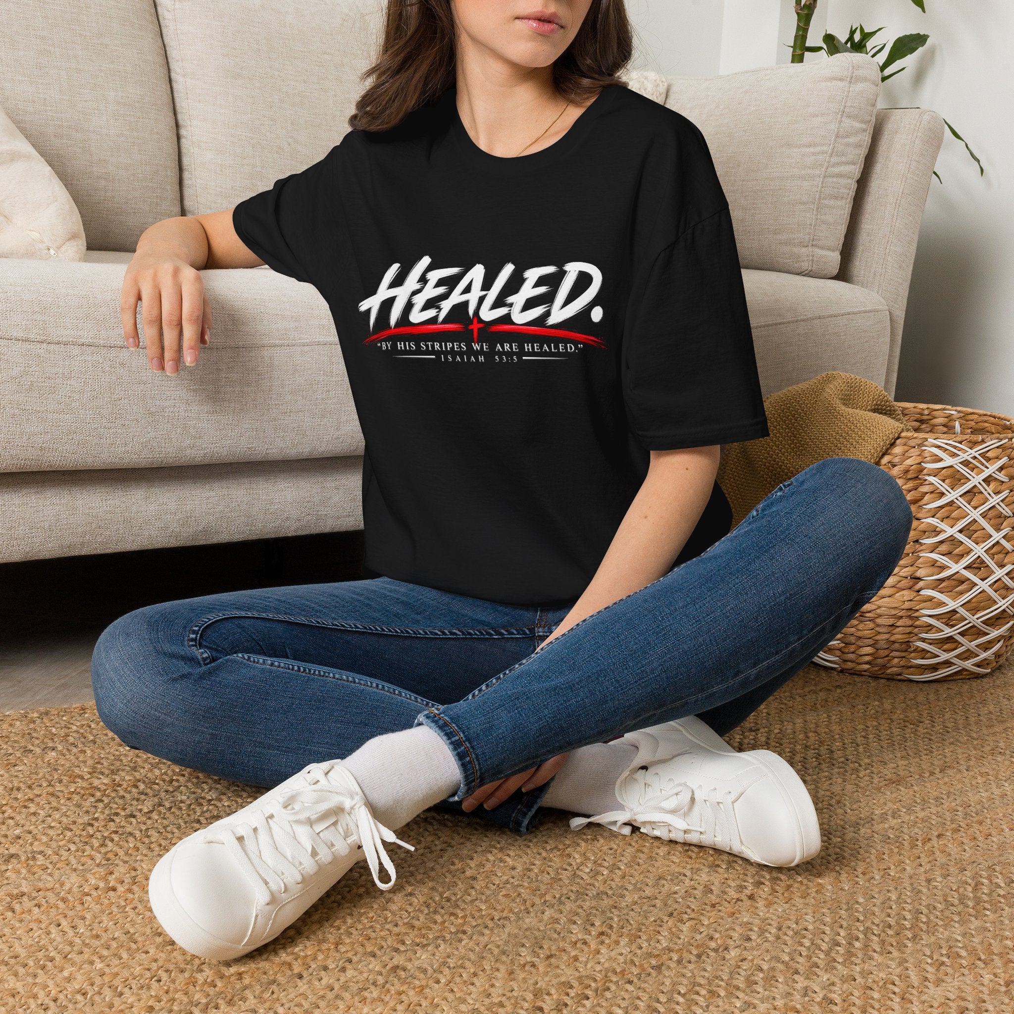 Healed T-Shirt — Christian Faith Graphic Tee with Red Cross Accent