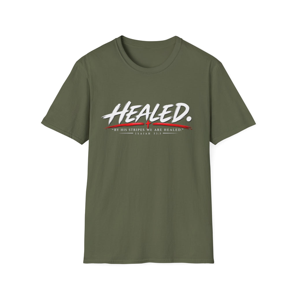Healed T-Shirt — Christian Faith Graphic Tee with Red Cross Accent