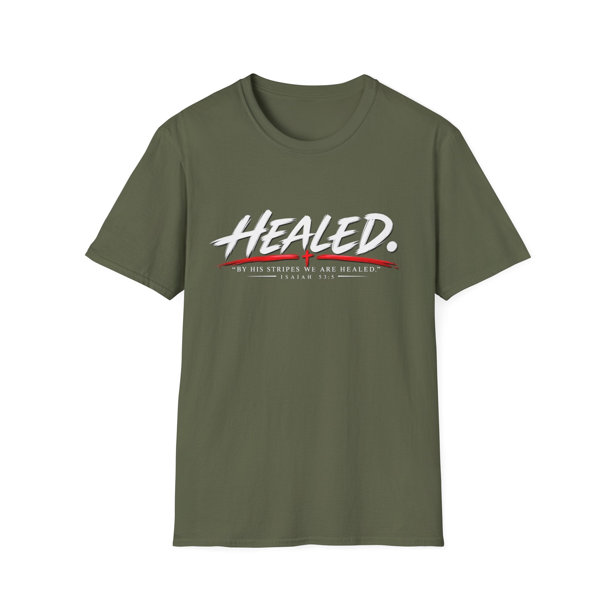 Healed T-Shirt — Christian Faith Graphic Tee with Red Cross Accent