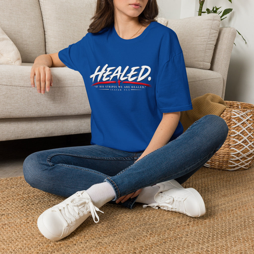 Healed T-Shirt — Christian Faith Graphic Tee with Red Cross Accent