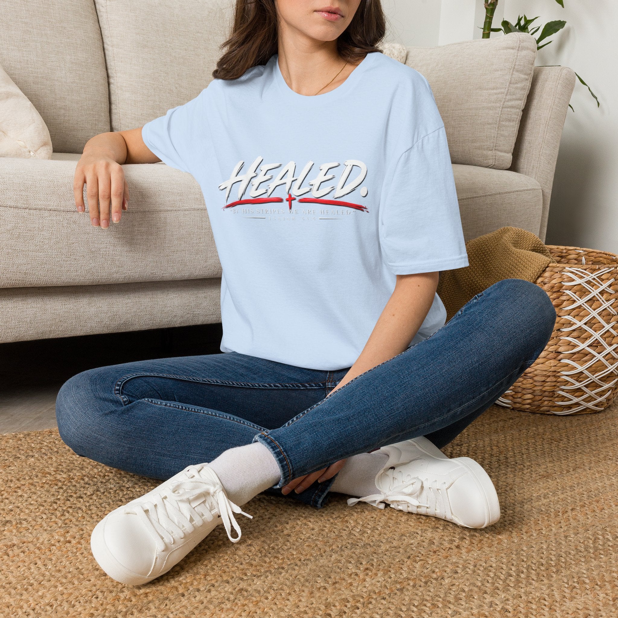 Healed T-Shirt — Christian Faith Graphic Tee with Red Cross Accent