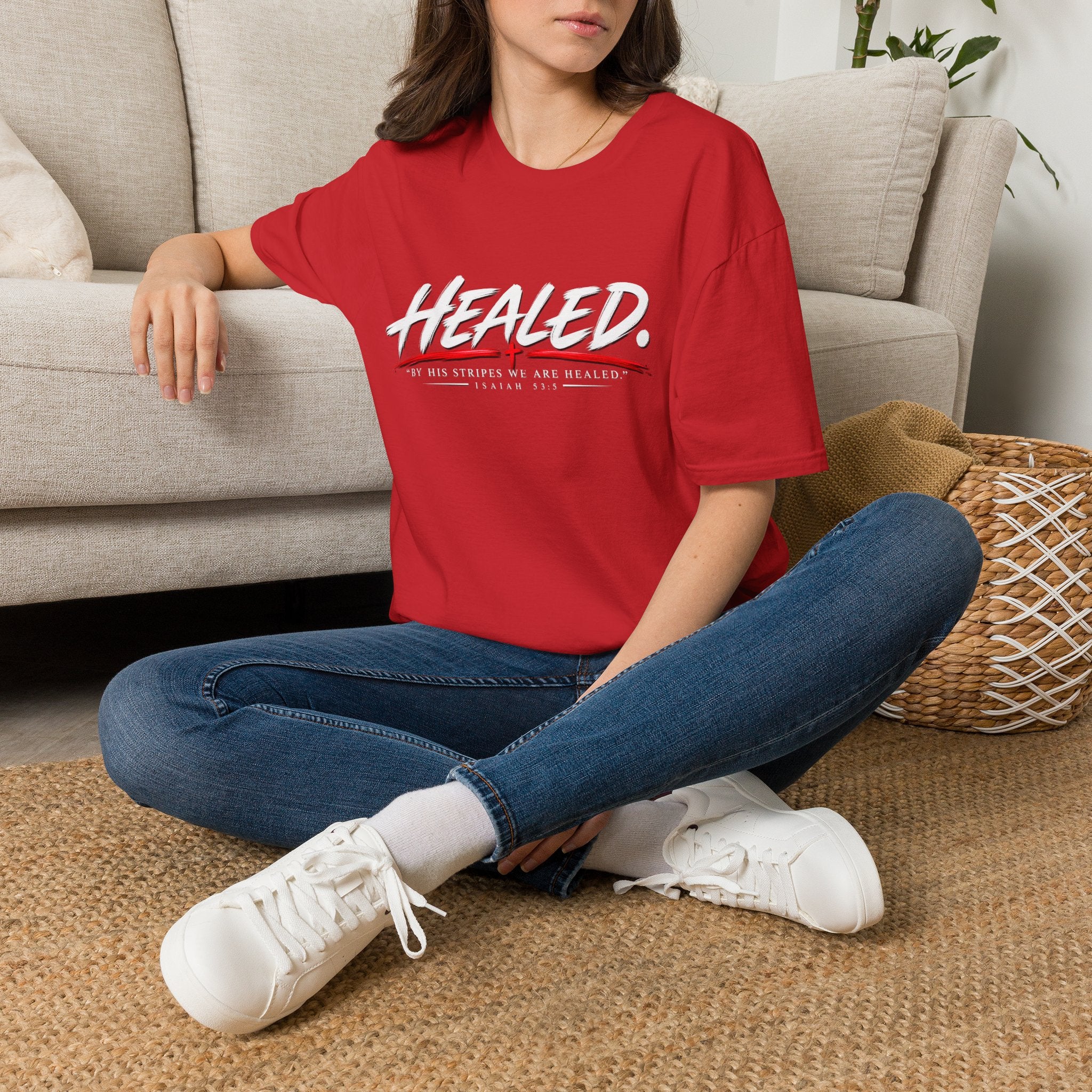 Healed T-Shirt — Christian Faith Graphic Tee with Red Cross Accent