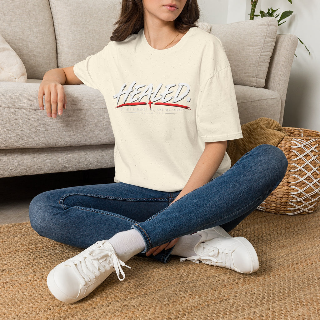 Healed T-Shirt — Christian Faith Graphic Tee with Red Cross Accent
