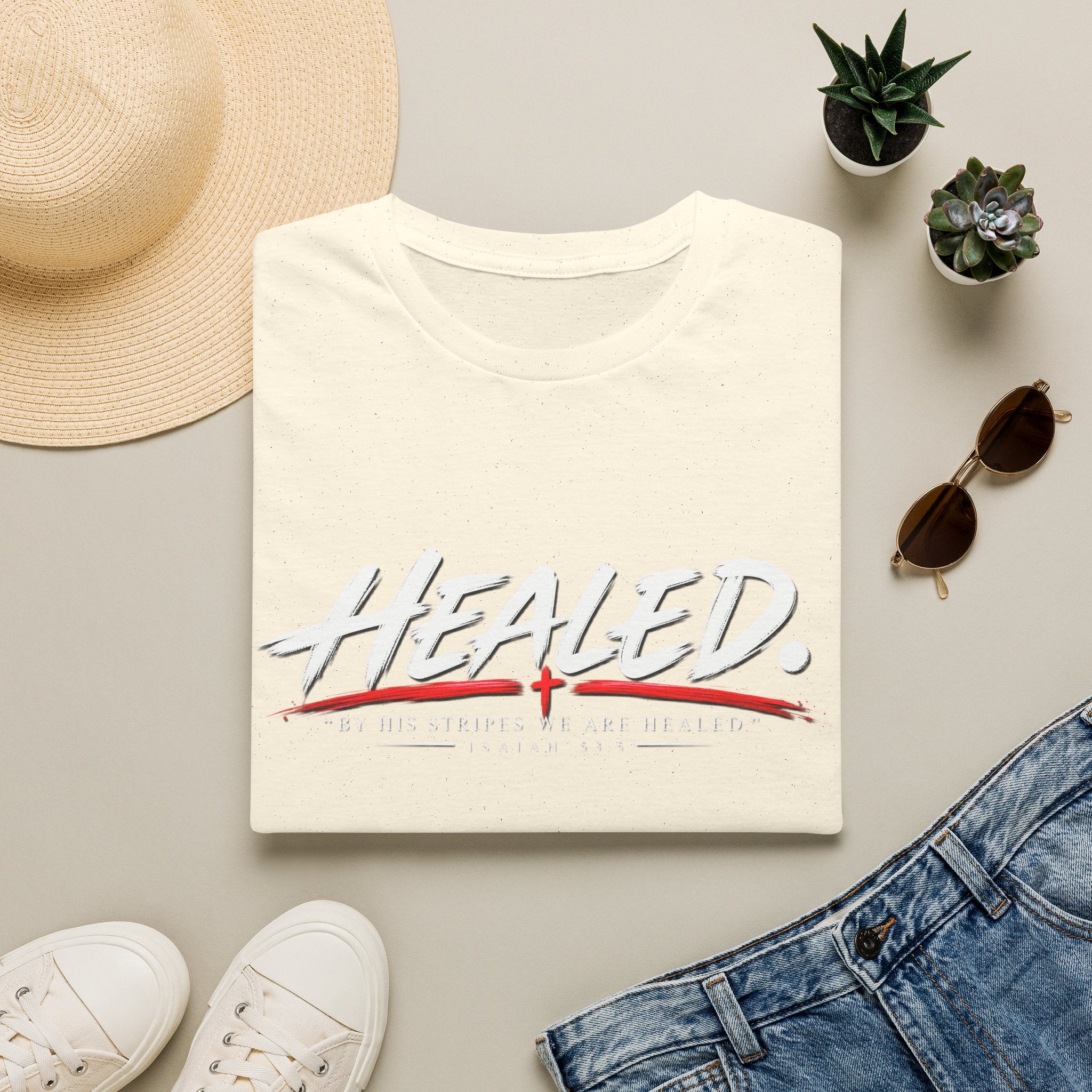 Healed T-Shirt — Christian Faith Graphic Tee with Red Cross Accent