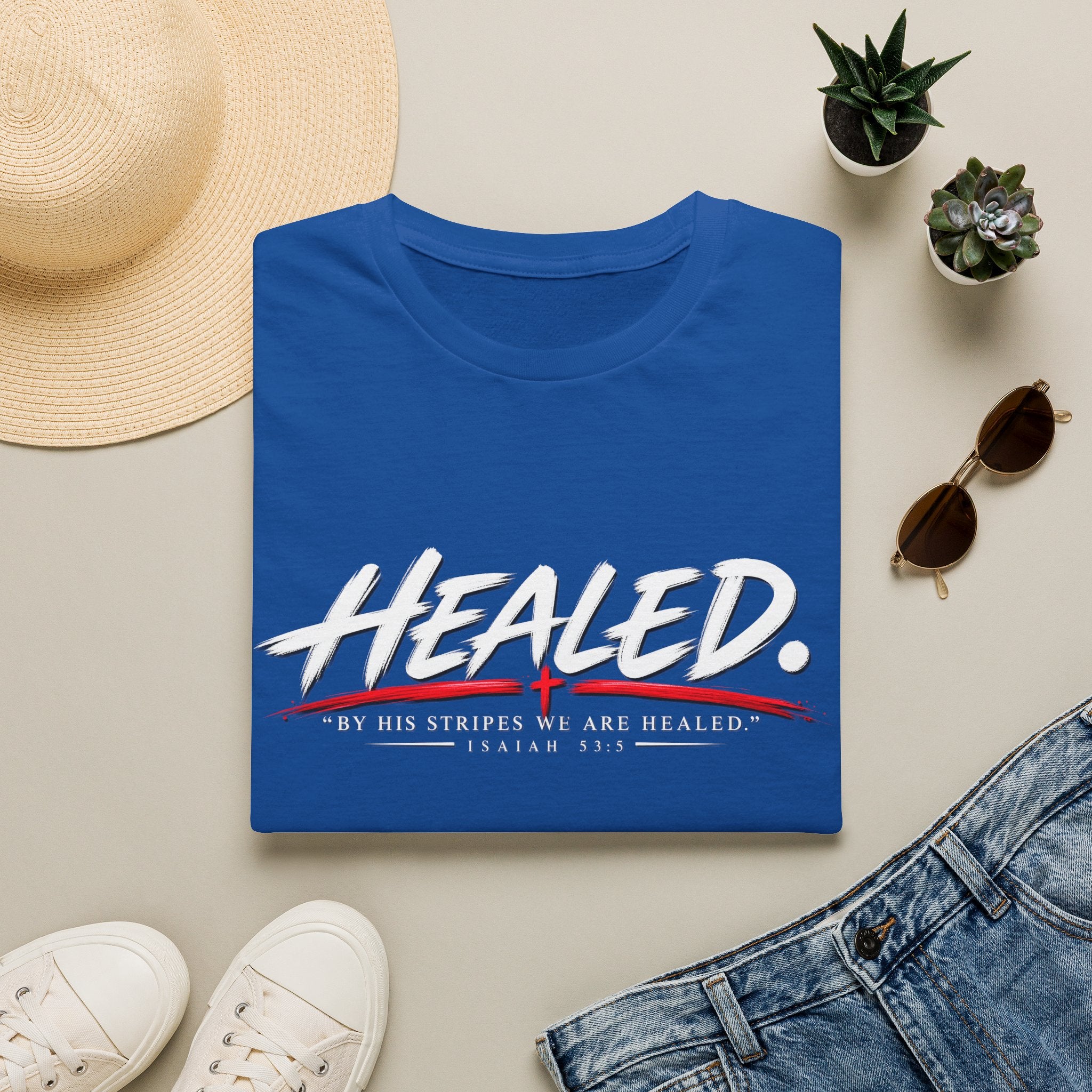 Healed T-Shirt — Christian Faith Graphic Tee with Red Cross Accent
