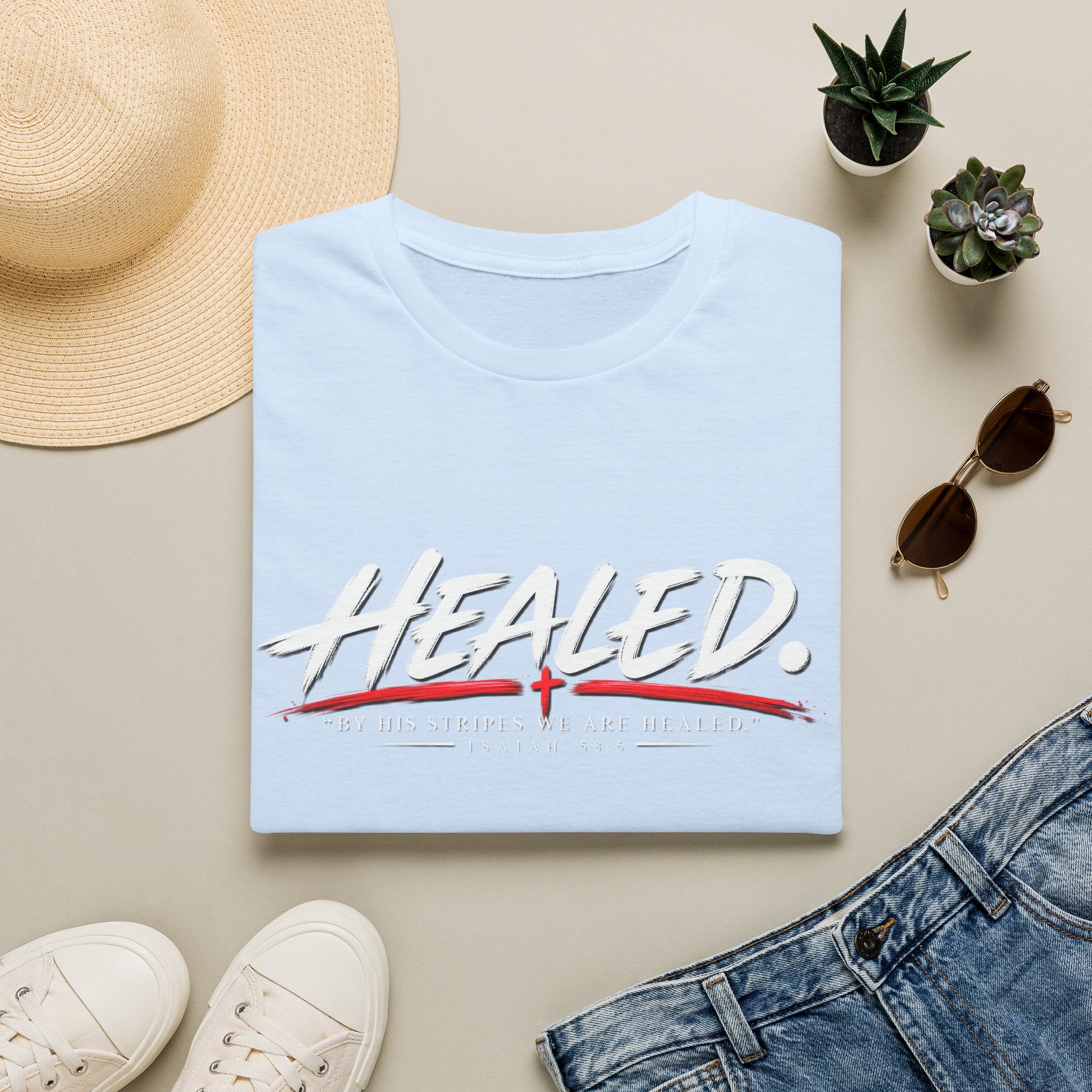 Healed T-Shirt — Christian Faith Graphic Tee with Red Cross Accent