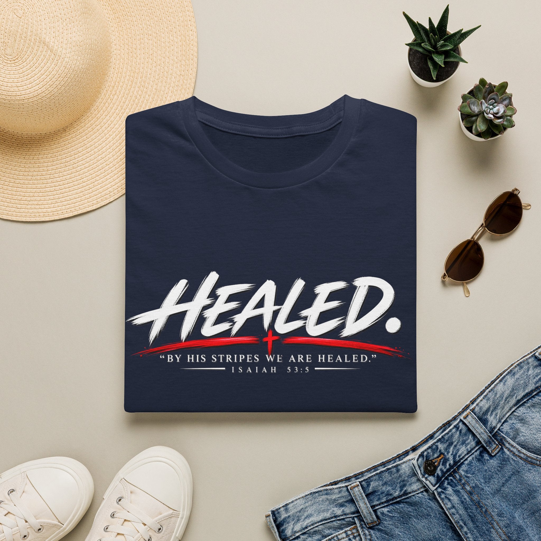 Healed T-Shirt — Christian Faith Graphic Tee with Red Cross Accent