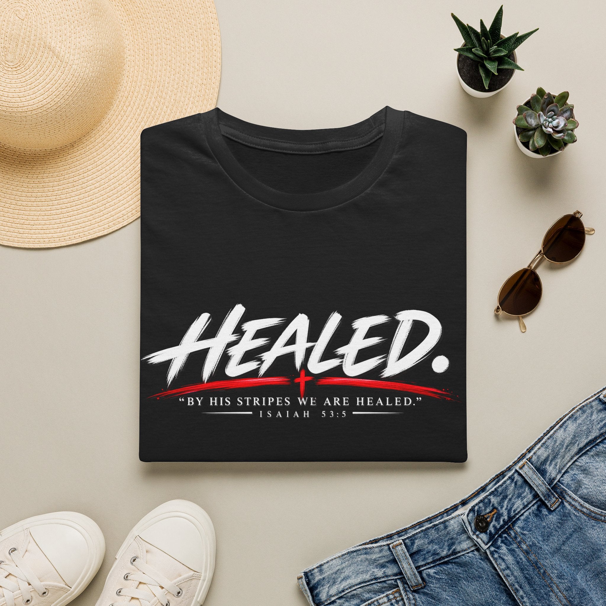 Healed T-Shirt — Christian Faith Graphic Tee with Red Cross Accent