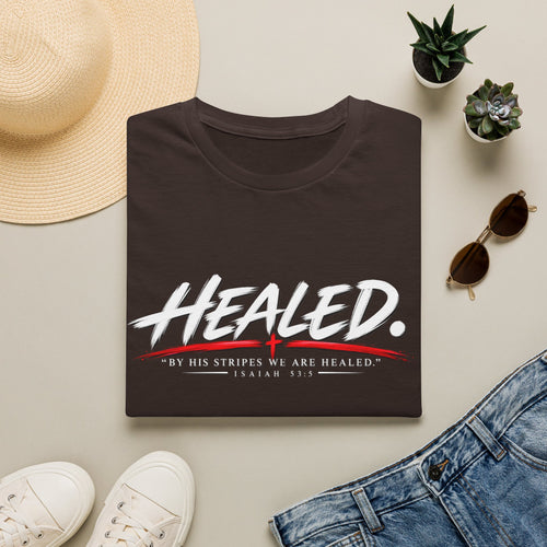 Healed T-Shirt — Christian Faith Graphic Tee with Red Cross Accent