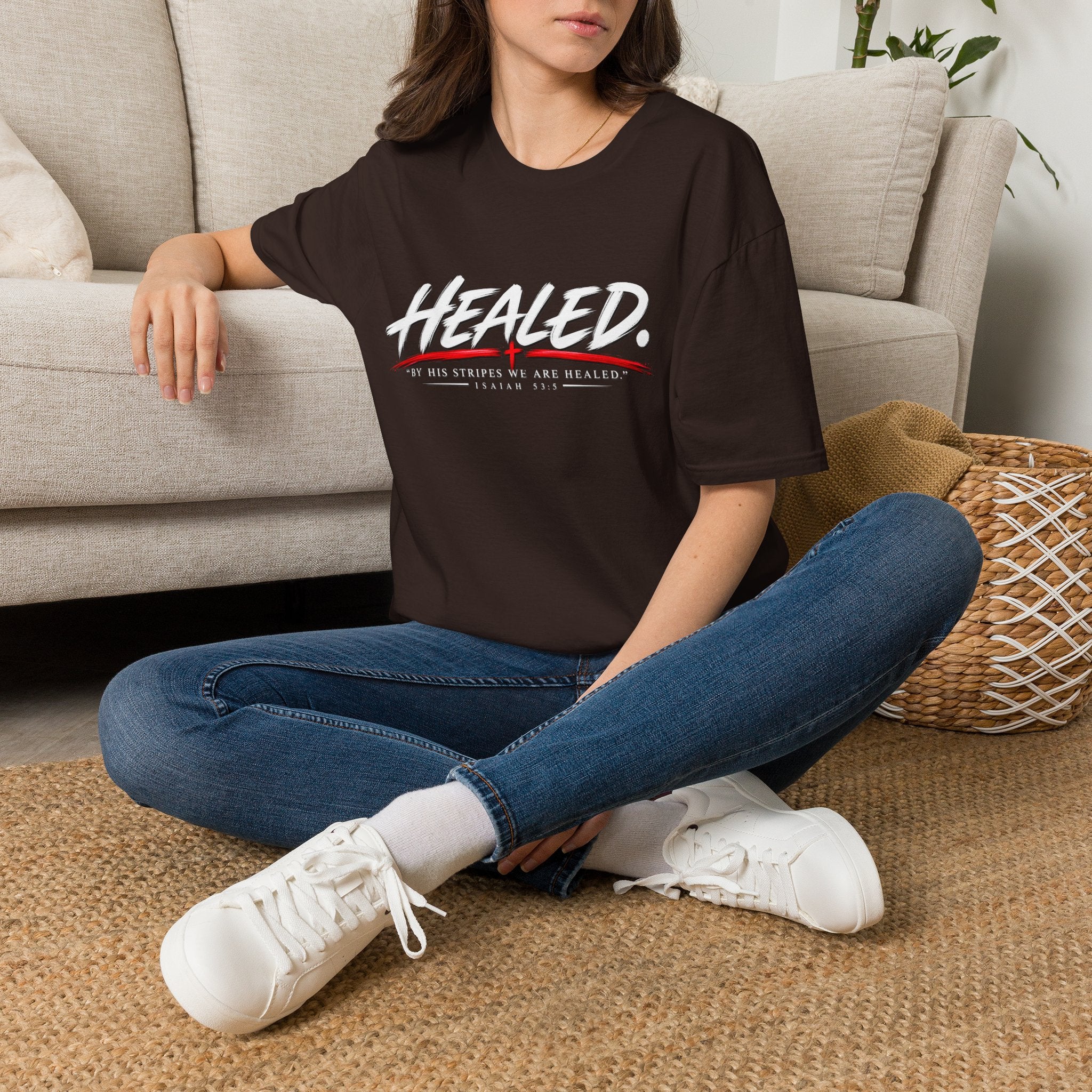 Healed T-Shirt — Christian Faith Graphic Tee with Red Cross Accent
