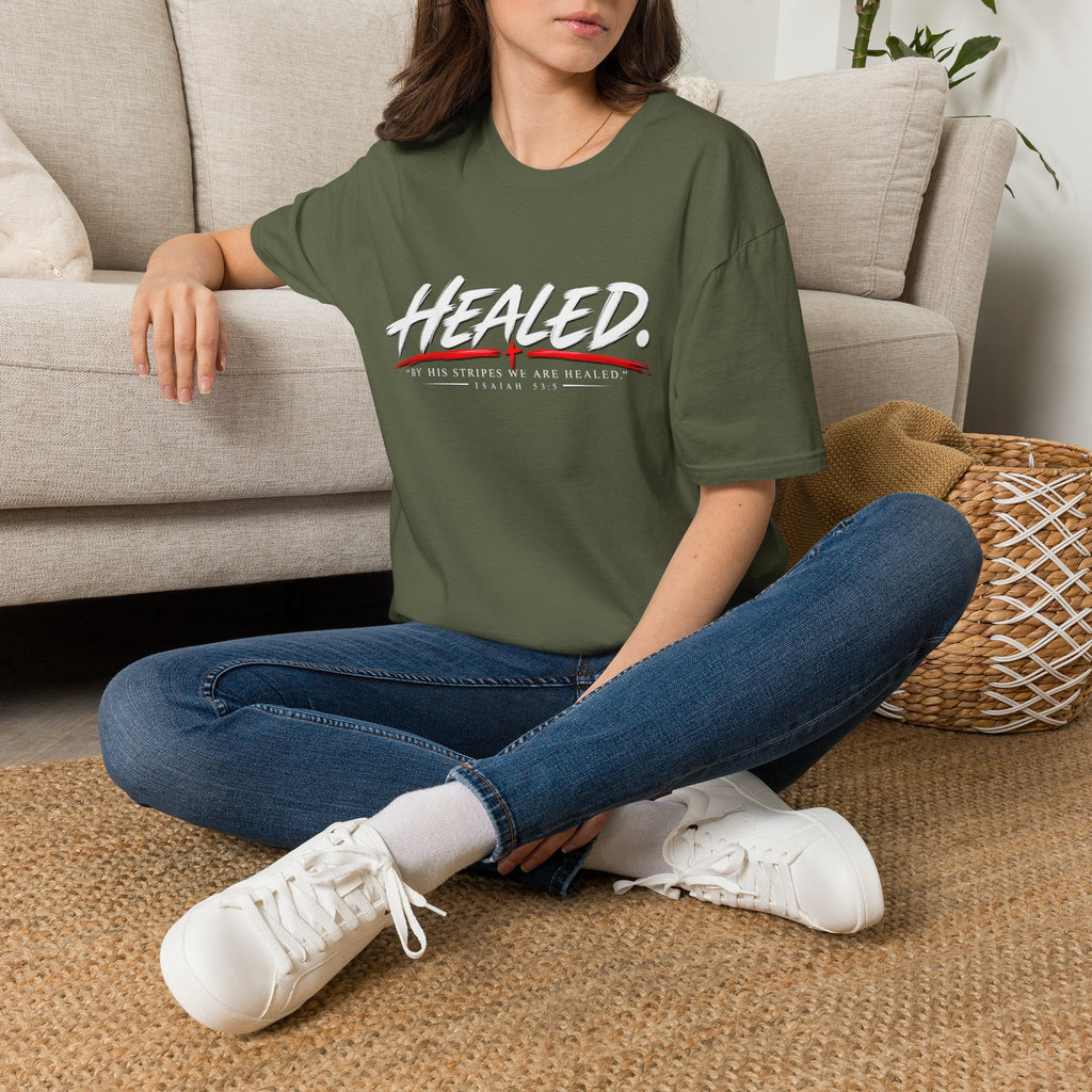Healed T-Shirt — Christian Faith Graphic Tee with Red Cross Accent