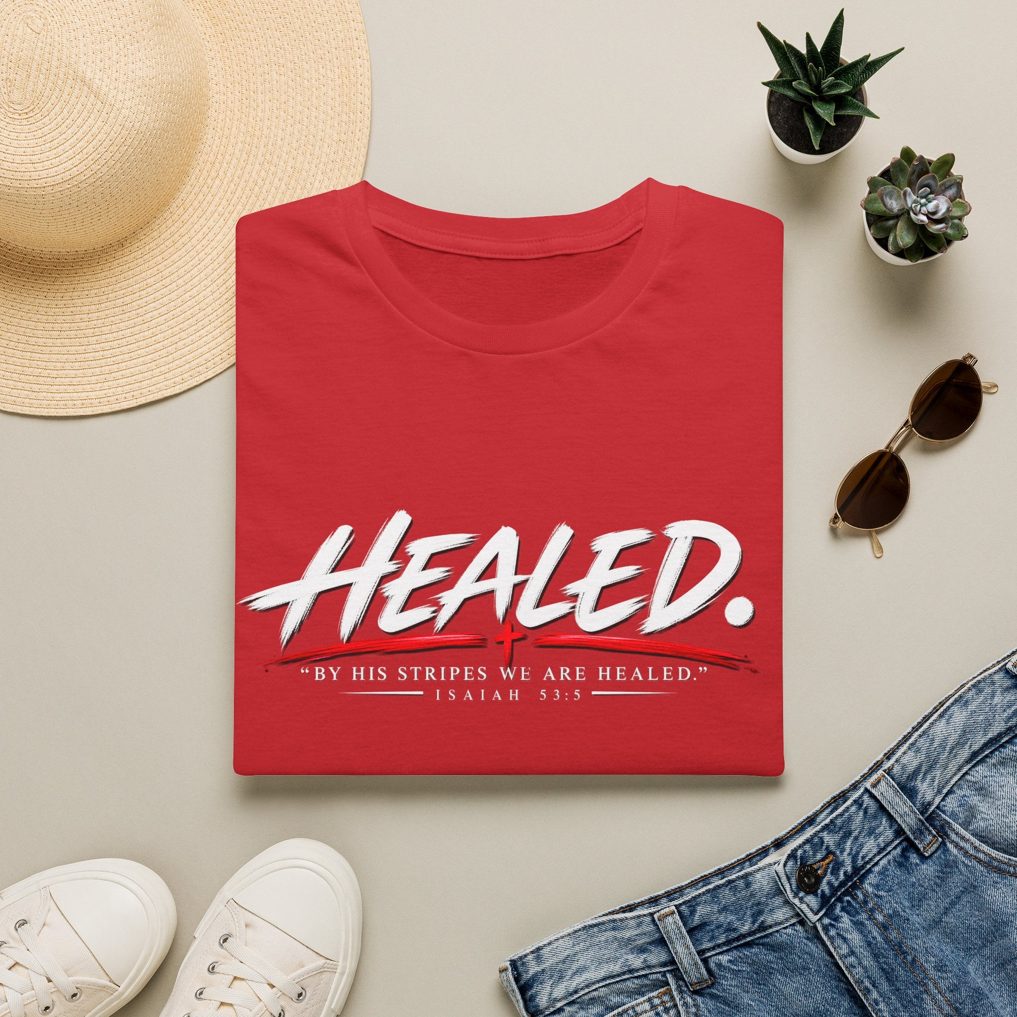 Healed T-Shirt — Christian Faith Graphic Tee with Red Cross Accent