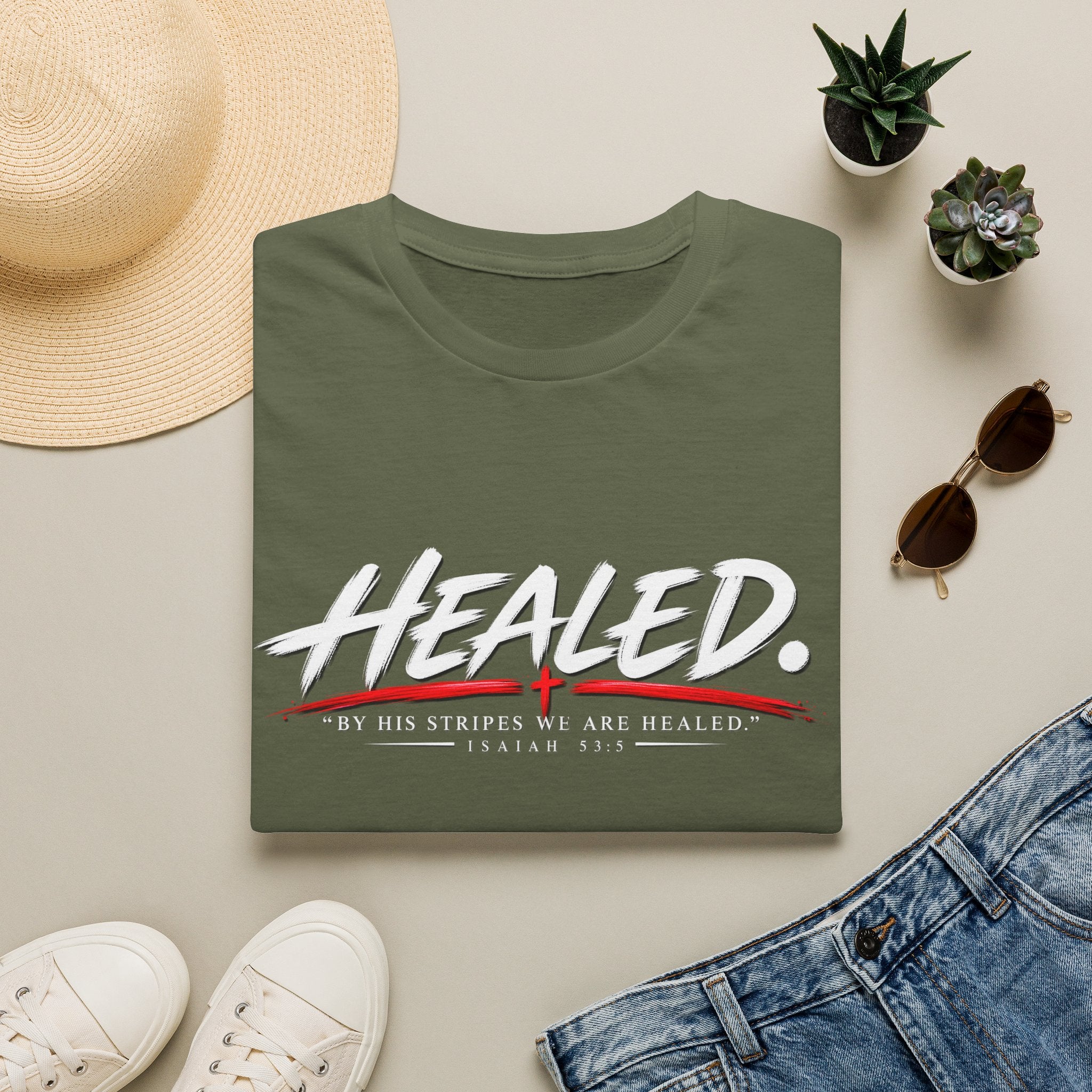 Healed T-Shirt — Christian Faith Graphic Tee with Red Cross Accent